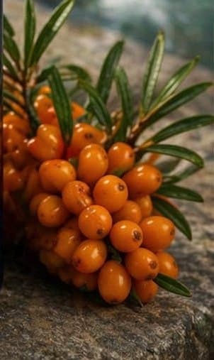 A cluster of ripe seabuckthorn berries with their narrow silver-green leaves